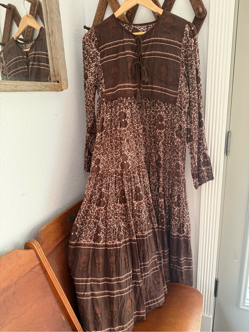 Brown Floral Long Sleeve Boho Dress